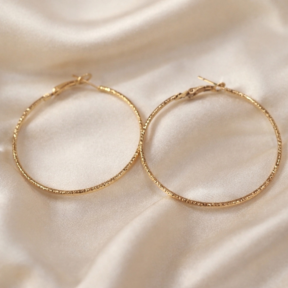Gold Textured Hoop Earrings 2” – Elegant Classic Statement Women Fashion Jewelry